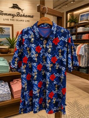 Tommy Bahama IslandZone Hula Girl Hibiscus Polo Shirt Men’s Large Blue Tropical